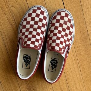 Vans Women’s Red and White Checkerboard Slip-On Sneakers